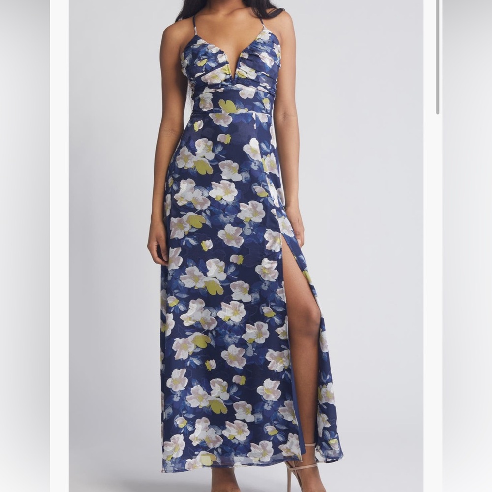 Lulus Navy Blue Floral Maxi Dress with White & Yellow Flowers
